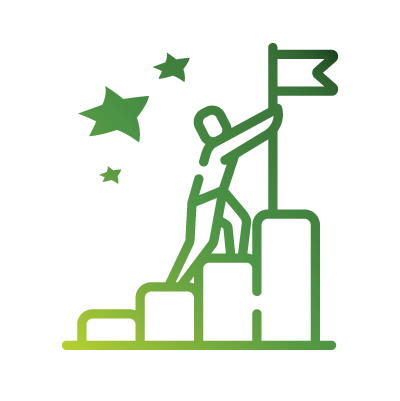 A green cartoon figure walking up some steps symbolising progression to reach a flag