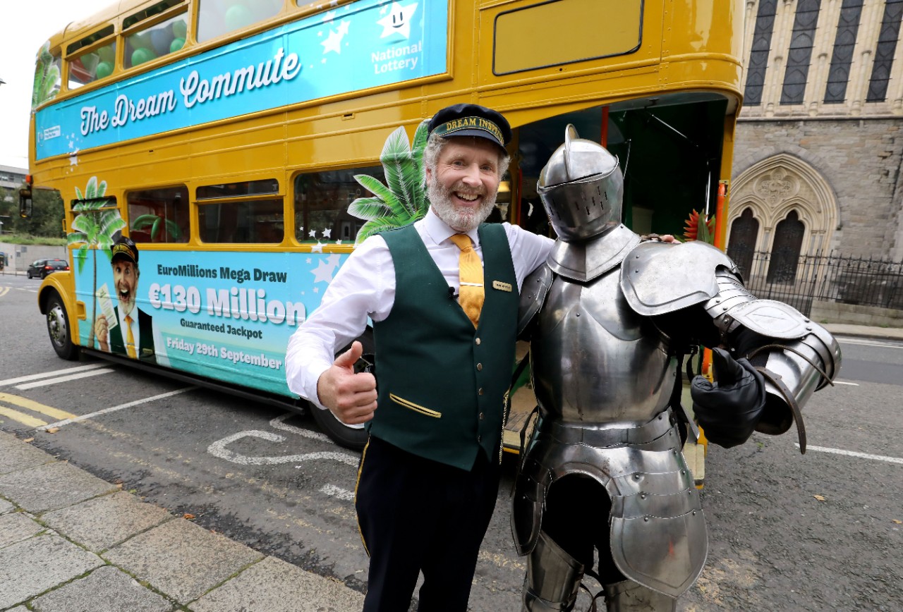 No repro fee 28th September 2023. The EuroMillions Dream Inspector accompanied by a knight in shining armour as they made their way around Dublin for an epic “€130M” bus journey with excitement building ahead of tomorrow night’s guaranteed €130 million jackpot. (Photography by Mac Innes Photography)