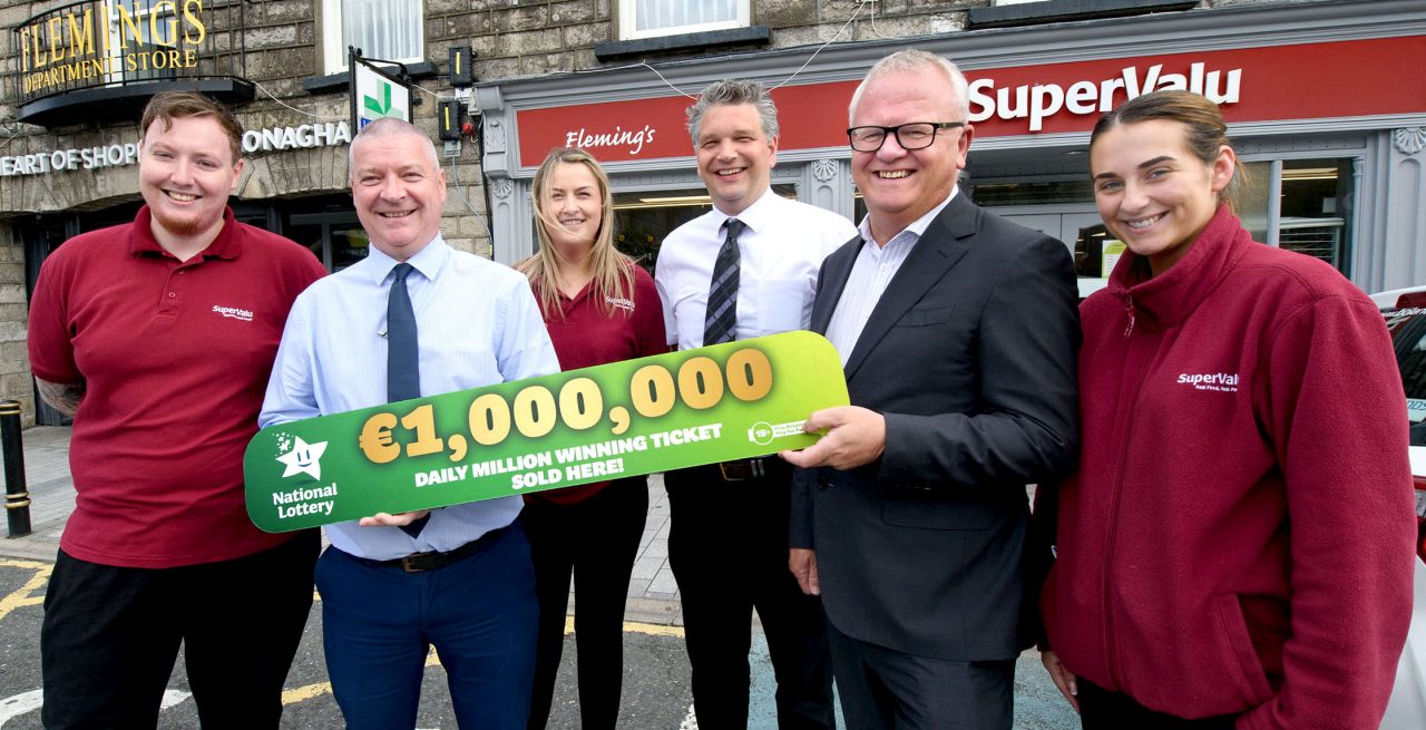 NO REPRO FEE: 25th July 2023. There were cheers and celebrations at Flemings Supervalu on Church Square in Monaghan Town after it was announcement that the busy store sold Friday night’s winning Daily Million ticket worth €1 million. Pictured at Flemings SuperValu Monaghan were (L-R) Jake McCann, Robbie Herron, manager, Flemings SuperValu, Emma McElvaney, Robert Fleming, Jim O’Connor, National Lottery and Caoibheadh McGowan. Pic: Rory Geary / Mac Innes Photography