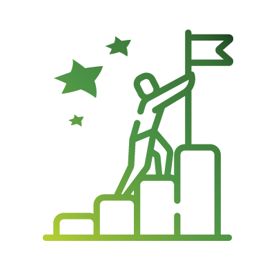 A green cartoon figure walking up some steps symbolising progression to reach a flag