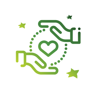 A green cartoon heart held carefully between two hands