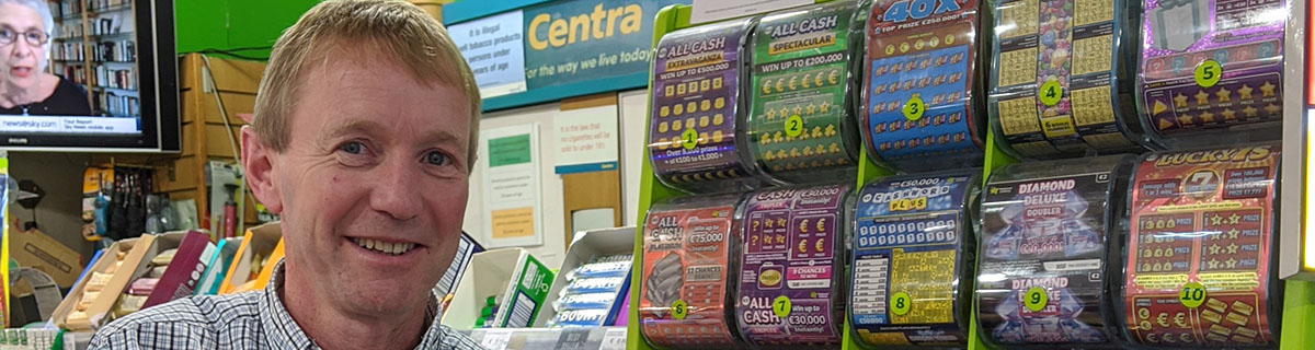 Kearney’s Centra store owner in Ballydesmond, Co. Cork celebrates after he sells a Lotto Plus 2 winning ticket worth €250,000