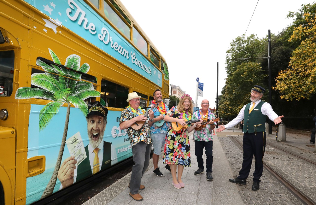 No repro fee 28th September 2023. The EuroMillions Dream Inspector accompanied by the Dublin Ululele Collective todays commuters around Dublin for an epic “€130M” bus journey with excitement building ahead of tomorrow night’s guaranteed €130 million jackpot. (Photography by Mac Innes Photography)