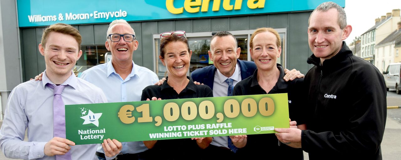 Shop owners Glyn and Gráinne Williams pictured along with staff at their Centra store on Main Street in Emyvale celebrating after selling the winning Lotto Plus ticket worth €1 million from the Saturday 19th August draw. At Williams & Moral Centre Emyvale, Co Monaghan, were (L-R) Shae Mullan, Glyn and Grainne Williams, Dave Woods, National Lottery, Kate McAree and Damien Meehan. Pic: Rory Geary / Mac Innes Photography