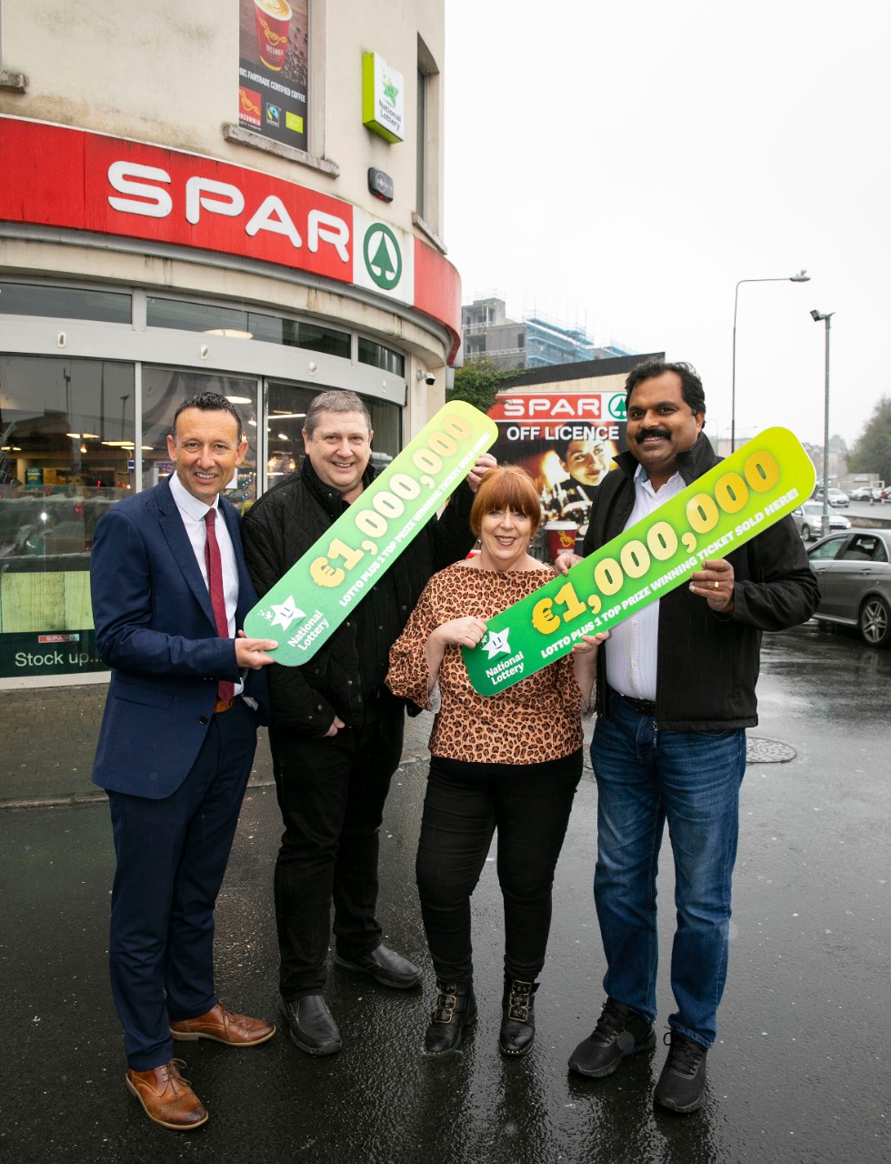 No Repro Fee. 12/04/2022.  LOTTO €1m Winner at Spar Cherrymount, Drogheda.David Woods, Irish National Lottery Rep, Greg Linscheid, Owner, Spar Cherrymount, Maria Mullen and  Joshi George, manager celebrate the win today as details of the win was announced. Photo: Johnny Bambury / Mac Innes Photography.