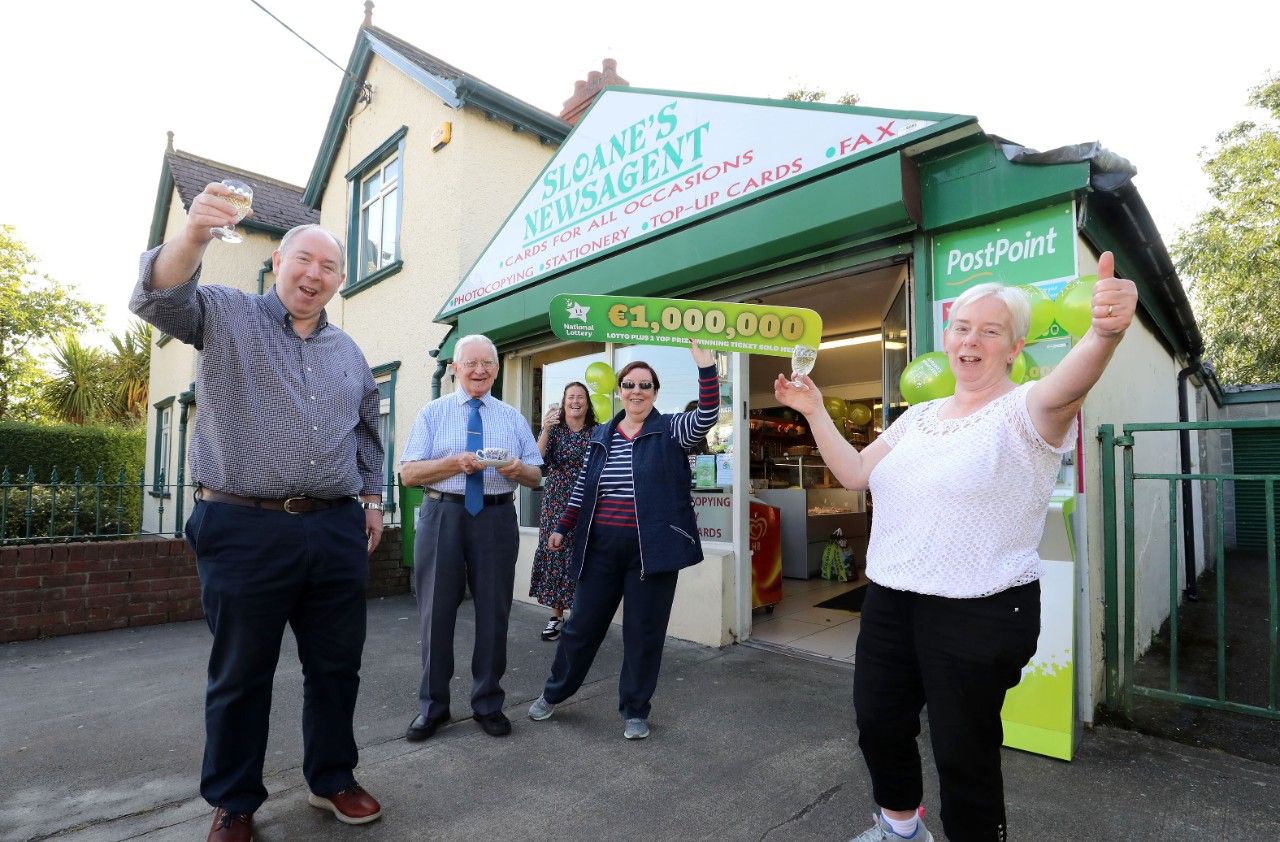NO REPRO FEE: 20th September 2022. celebrations at Sloane's newsagents, a family run business on Avenue Road in Dundalk today when they found out that they sold the winning ticket for last Saturday (17th of September) Lotto Plus 1 top prize win worth €1,000,000. Pictured here celebrating the news of the win today are family members who work in the shop were Paul Slone, Peter Slone, Edel McKeown and Margaret McNally. Pic: Justin Mac Innes / Mac Innes Photography