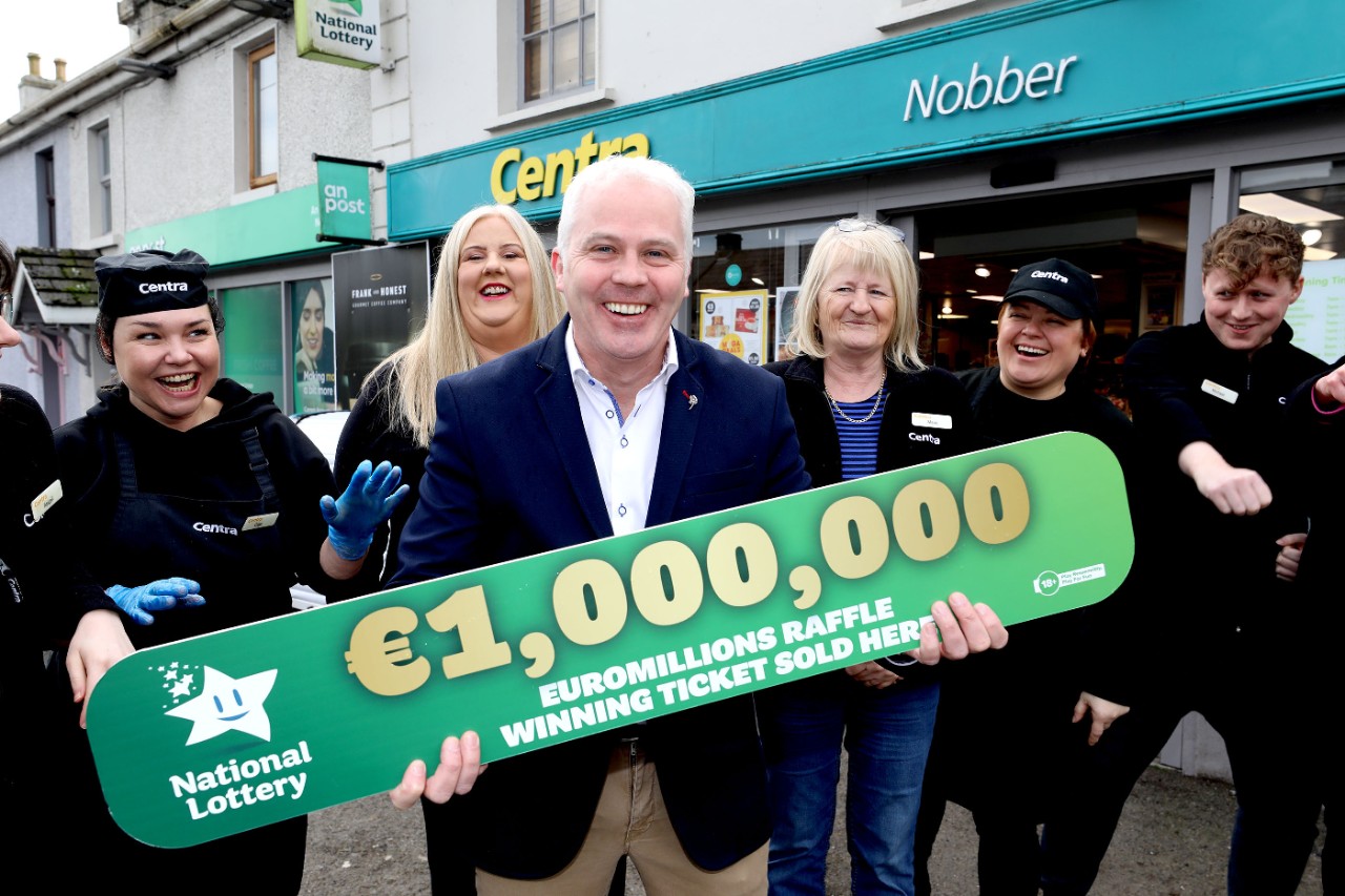 Local retailers in Burnfoot Co. Donegal and Nobber Co. Meath celebrate €1 million EuroMillions wins! National Lottery continues to appeal to players in winning locations to check their tickets   The National Lottery have confirmed the winning selling locations of the two winning tickets in Friday night’s (February 3rd) special EuroMillions Raffle draw which are worth €1 million each. The EuroMillions Raffle draw guaranteed that 100 EuroMillions players across all nine participating countries would each win one of the €1 million raffle prizes.  The Meath player purchased their winning quick pick ticket now worth €1 million in Centra situated in the small village of Nobber, Co. Meath. Centra Store Owner Rodney Dolan (centre) celebrates here today with staff at the store tofday.  Pic: Mac Innes Photography