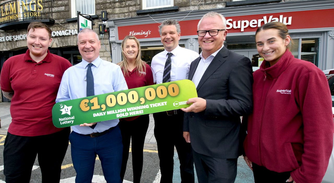 NO REPRO FEE: 25th July 2023. There were cheers and celebrations at Flemings Supervalu on Church Square in Monaghan Town after it was announcement that the busy store sold Friday night’s winning Daily Million ticket worth €1 million. Pictured at Flemings SuperValu Monaghan were (L-R) Jake McCann, Robbie Herron, manager, Flemings SuperValu, Emma McElvaney, Robert Fleming, Jim O’Connor, National Lottery and Caoibheadh McGowan. Pic: Rory Geary / Mac Innes Photography