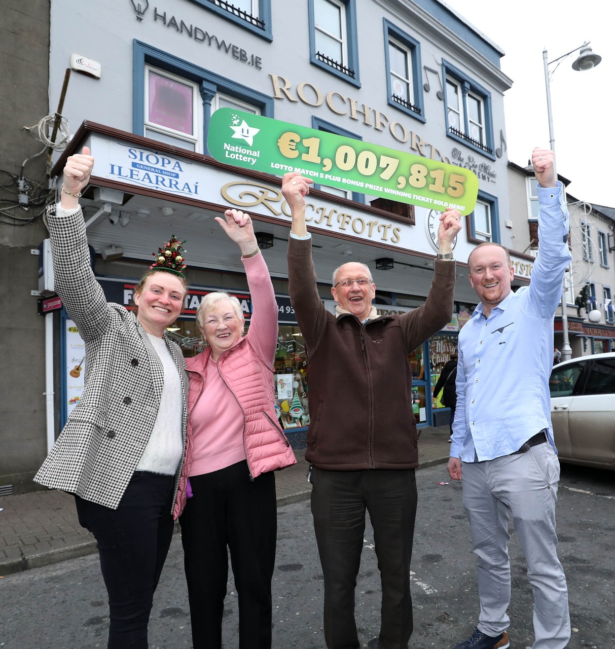 NO REPOR FEE: 20TH December 2021. Rochforts Superstore a family owned business in Mullingar, Co. Westmeath were celebrating after it was announced that their Westmeath store sold the winning Lotto Match 5 + Bonus ticket worth â ¬1,007,815 in Saturday nightâ  s draw. Pictured here in jubilant form outside their shop were Avril Kelly, Sheila Nally, Tom Nally snr and ThomÃ¡s Nally. Pic: Mac Innes Photography