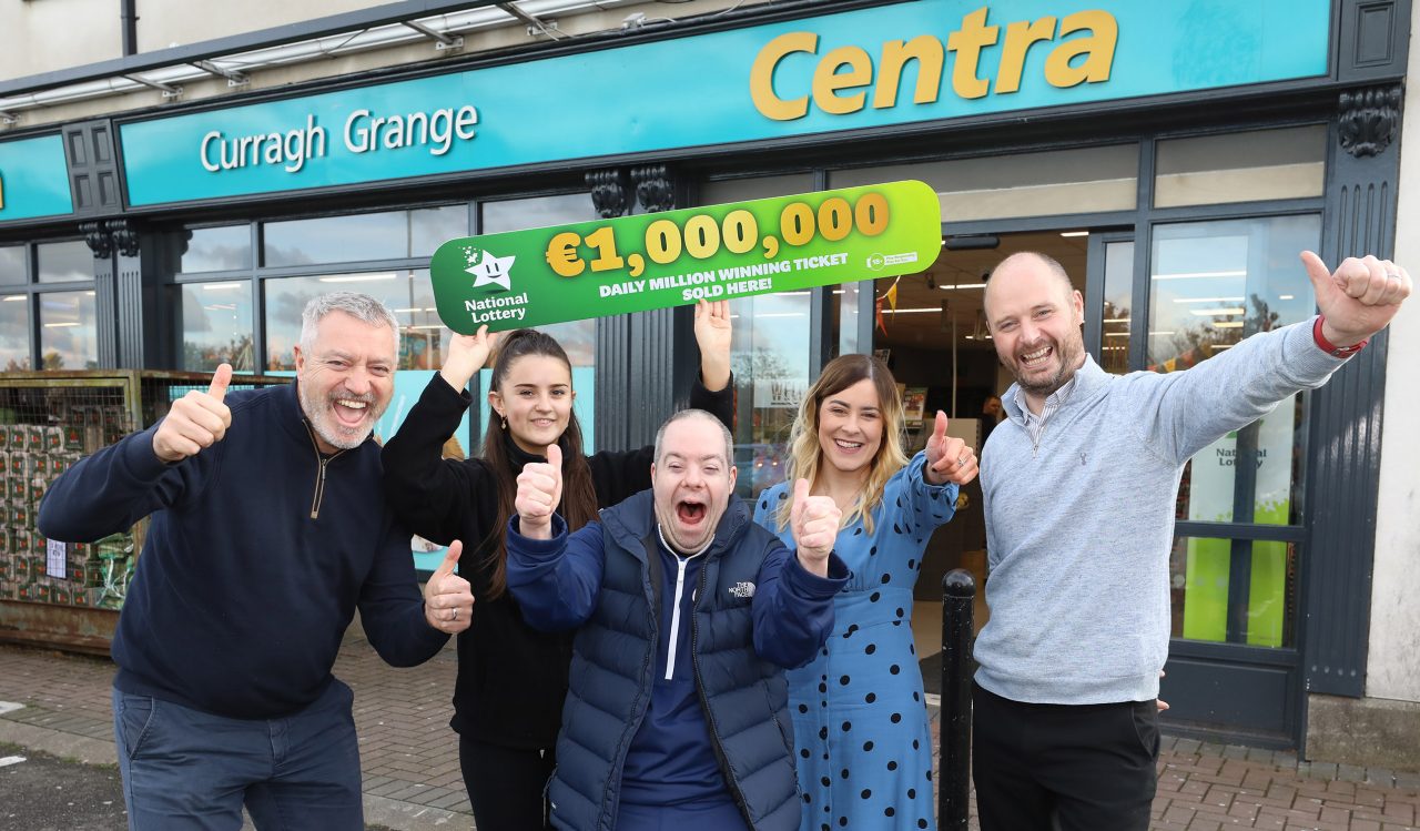 NO REPRO FEE: 21st October 2023. It has been a life-changing week for a Daily Million player in Kildare who became the 34th National Lottery millionaire of 2023 following Thursdayâ  s 9pm draw.  They scooped the top prize of â ¬1 million after purchasing their Quick Pick ticket on the day of the draw at the Centra Curragh Grange shop in Newbridge. The Newbridge store is no stranger to big National Lottery wins as they also sold a Lotto jackpot ticket worth â ¬10.2 million in 2015.  Alan Jordan (left) Centra shop Curragh Grange shop in Newbridge owner celebrates with staff members Sophie Murphy, Sean Jordan, Sarah Orr, National Lottery and Peter Dunne, Manager.   Pic: Mac Innes Photography