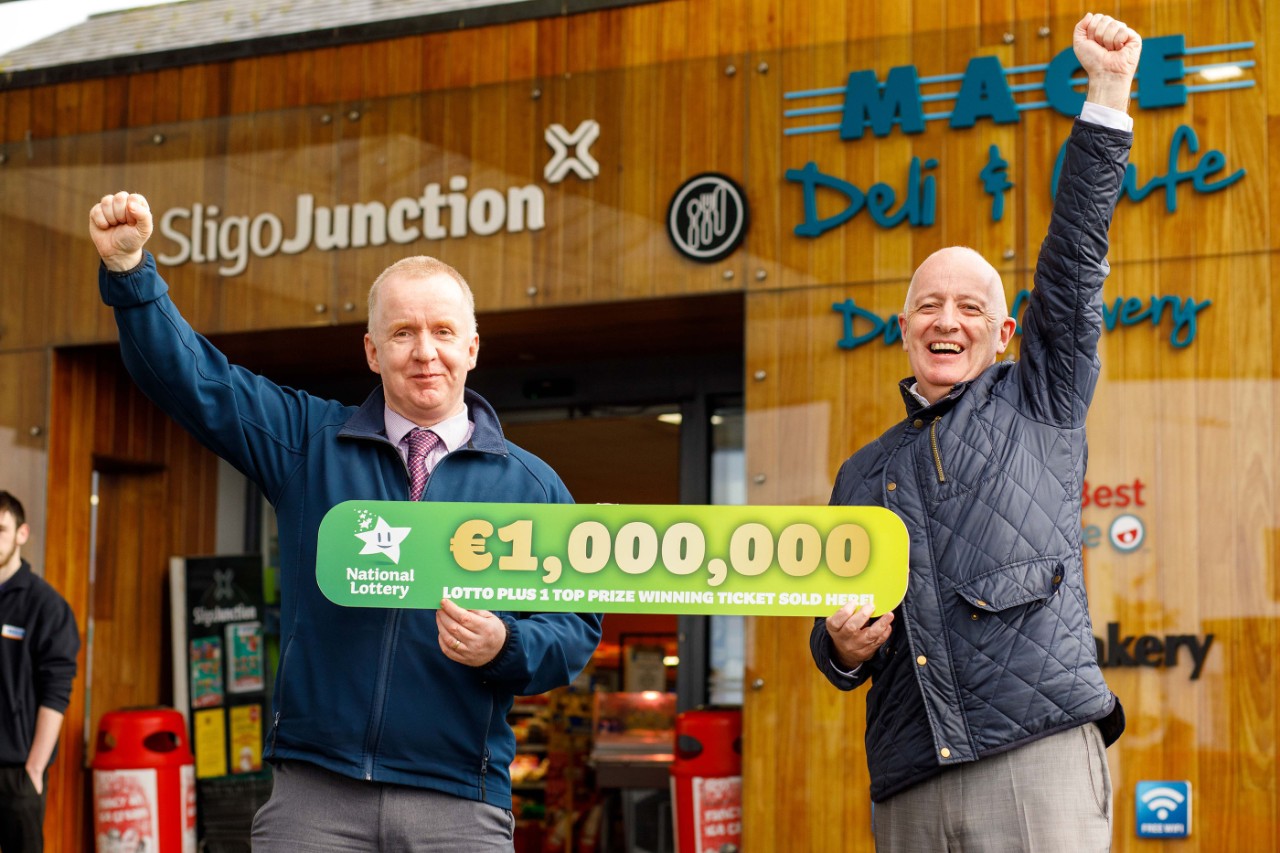 Manager Trevor Kennedy with  owner, Dermot Fallon celebrate the sale of a €1 million Lotto Plus 1 winning ticket at Fallon’s Mace service station in Sligo town after it was announced that they sold the winning ticket for last Saturday’s Lotto Plus 1 top prize of €1 million. Pic: James Connolly / Mac Innes Photography