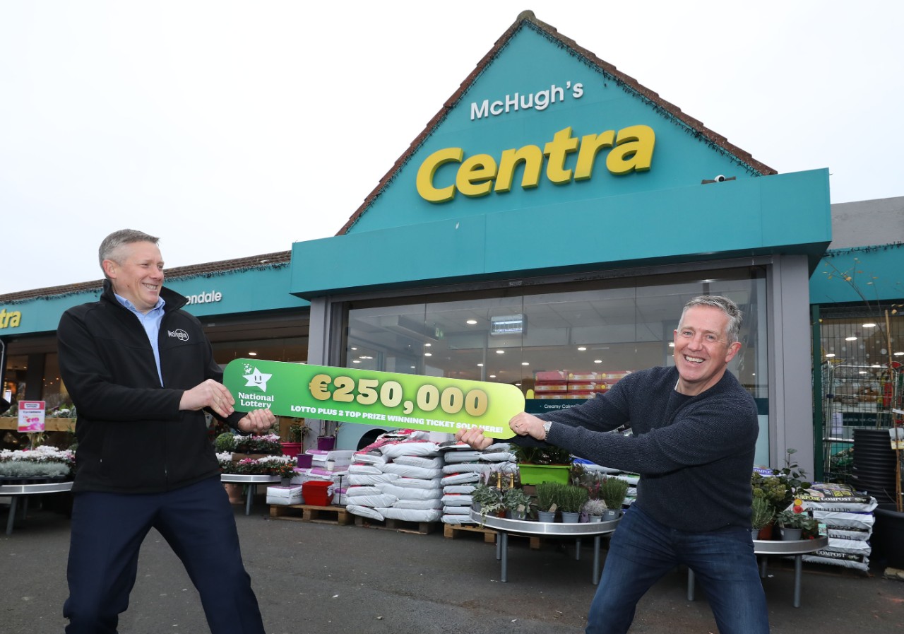 NO REPRO FEE: 21st December 2021. The family run Centra store in Greendale Shopping Centre in Kilbarrack Dublin 5 were delighted to hear that one of their customers won the top prize of €250,000 in Saturday night’s (18th December) Lotto Plus 2 draw.  Co-owners Graham Brodigan and Diarmuid McHugh celebrate at the store today. Pic: Mac Innes Photography