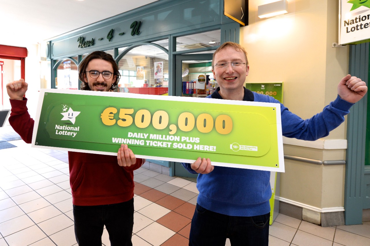 13th April 2023. L-r Aidan O'Flaherty (Manager) and Patrick Cass (Owner) of News 4 U newsagent in Maynooth Co.Kildare where the winning ticket was sold. Pic Justin Farrelly / MAc Innes Photography
