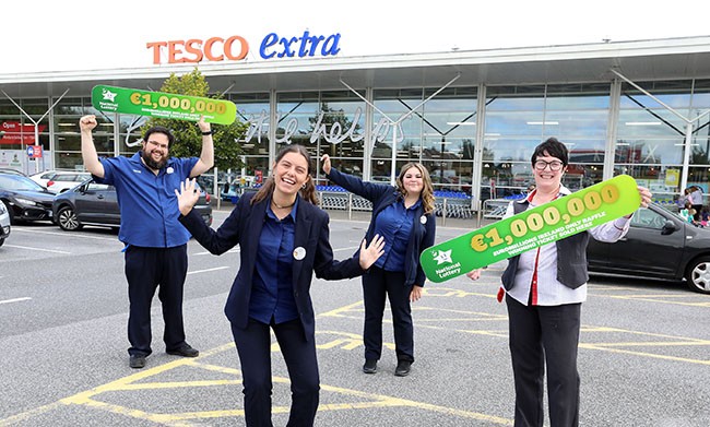 NO REPROP FEE:  22nd August 2021. Gilbert Toth, Lavern Walsh, Taylor Madigan and Wendy Palmer, staff at the Tesco store in Ardkeen Village in Waterford celebrate after it was announced that they sold one of the two winning ‘Ireland Only Raffle’ tickets worth €1005,000 in Friday night’s (20th August) EuroMillions draw.  Pic Mac Innes Photography