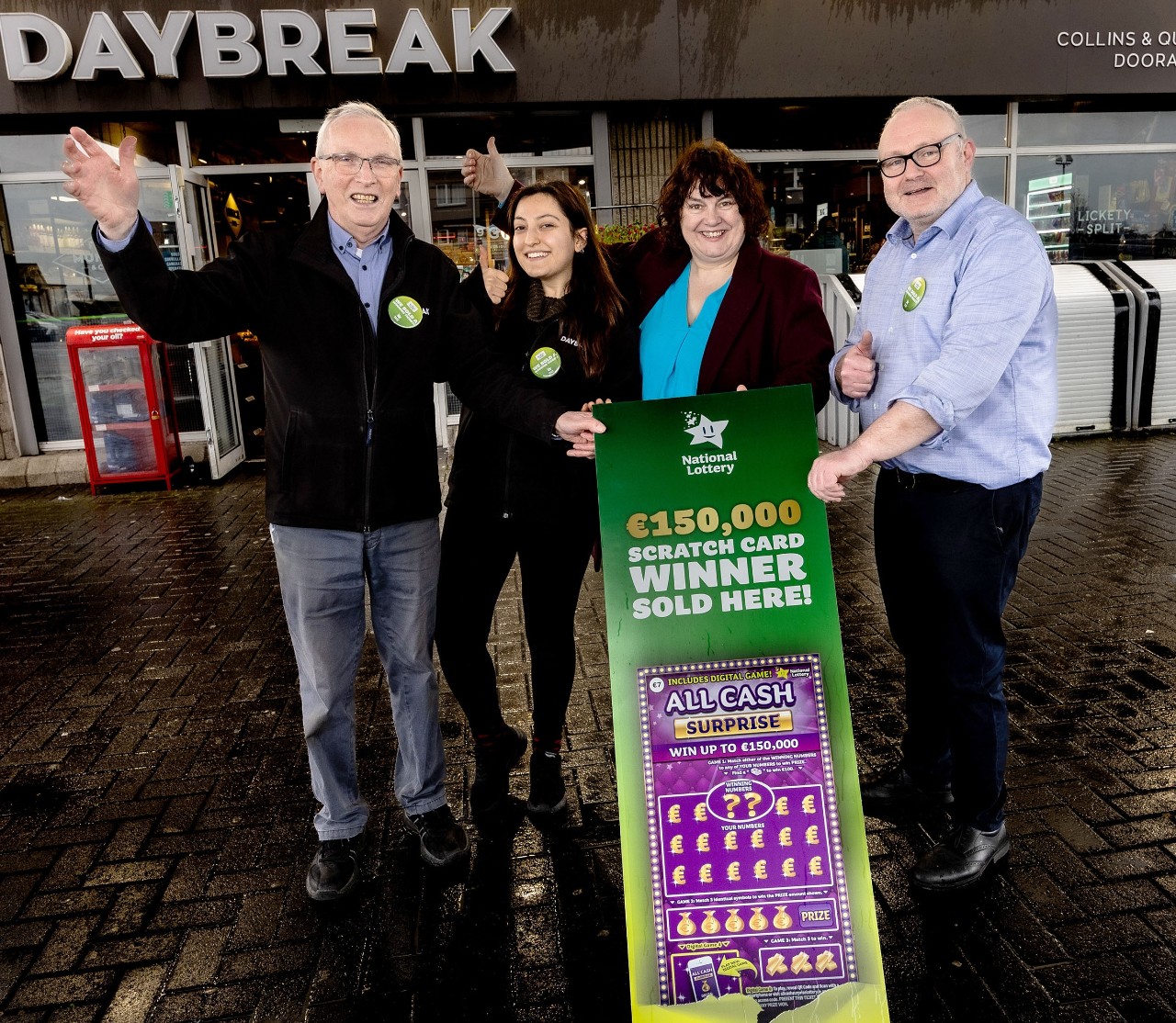 NO REPRO FEE. The National Lottery, All Cash Surprise Winner sold in The Ambassador, Shop, Dooradoyle, Limerick. Pictured celebrating the news are from left: Tom Kinnane, Manager, Emel Akcetin, Mary Grace, Area Manager, National Lottery and Pat Quinlan, Ambassador Shop owner. Picture: Keith Wiseman / Mac Innes Photography