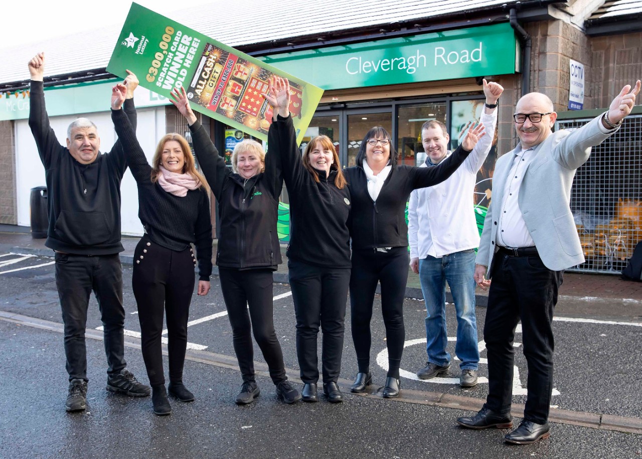 Shop owner Declan McCrann was pictured alongside Noel Coen, Mairead Donegan, Carmel McCormack, Tina Kilfeather, Phil Mannion and Eamon Curneen after his Londis store on Cleveragh Road in Sligo Town a winning €15 All Cash Gift scratch card worth €300,000. (Photography by MacInnes Photography)