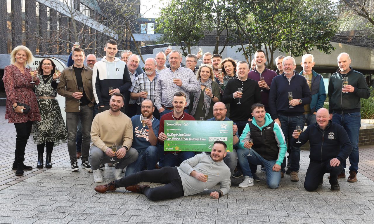 NO REPRO FEE: 22nd February 2024. It was a day to remember in Lotto HQ today with a syndicate of 32 visiting the Winners Room to pick up a cheque worth €1,000,500. The group, who work together in Ballingly Joinery, were thrilled to make their way to Dublin to collect their winnings from the 3rd February draw after purchasing their winning ticket at Wallace Costcutters in Wellington Bridge. Members of the Ballingly Joinery Syndicate pictured during the celebrations at the National Lottery today after collecting their winnings. Pic: Mac Innes Photography