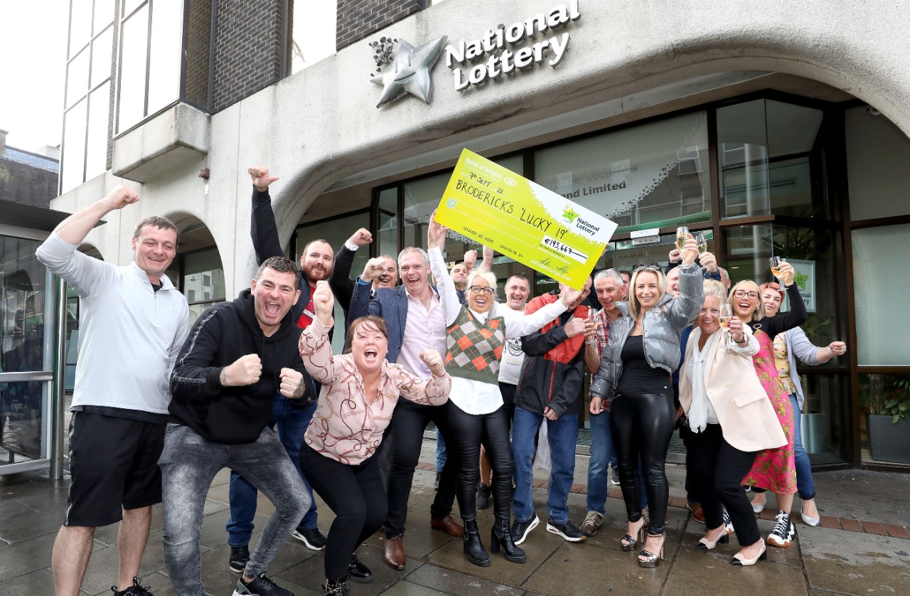 NO REPRO FEE: 7th September 2022. Bernard Broderick Co-Founder of Broderick's Handmade celebrates with staff as syndicate of nineteen claim prize worth €193,667 from National Lottery HQ on Wednesday 7th September. Pic: Mac Innes Photography